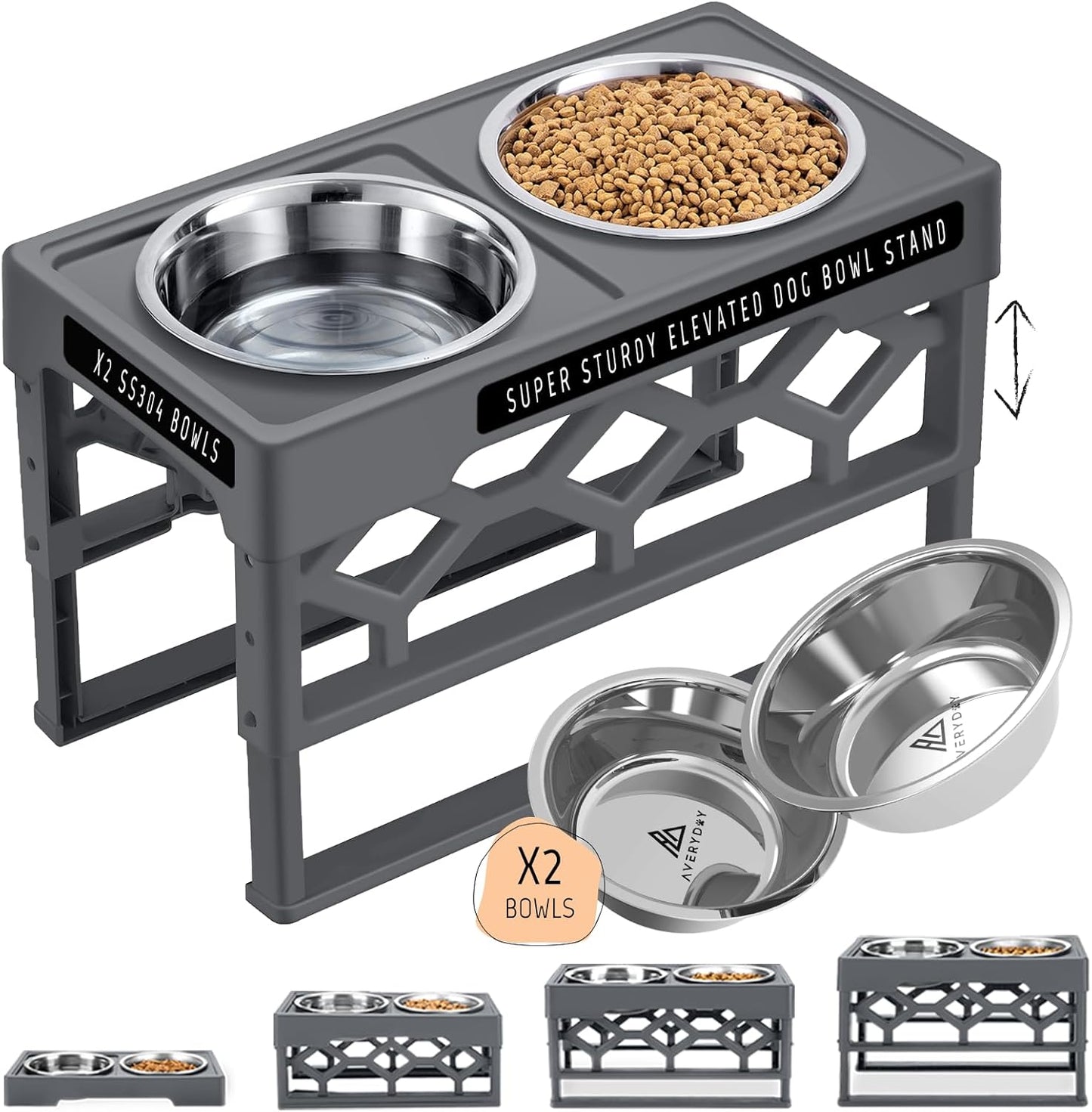Elevated Dog Bowls – 4-Height Adjustable Raised Stand with 2 Stainless Steel Food & Water Bowls, Anti-Slip Feeding Station for Medium & Large Dogs