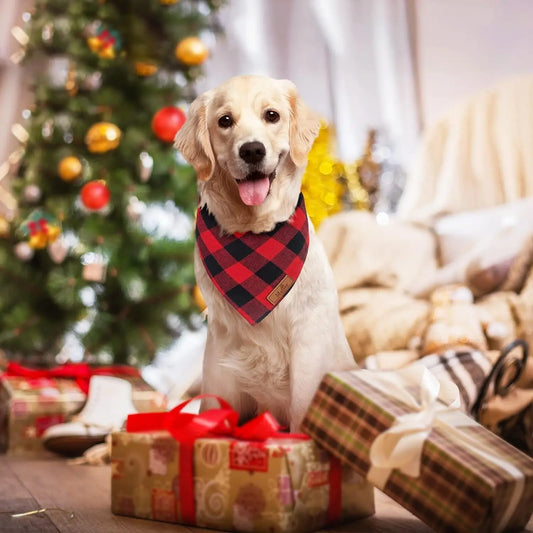 2-Pack Christmas Dog Bandanas – Red & Buffalo Plaid Triangle Scarves for Small to Large Pets