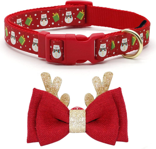 🎄 Adjustable Christmas Dog Collar with Antler Bow Tie & Snowman Charm – Festive Holiday Collar for Medium Dogs