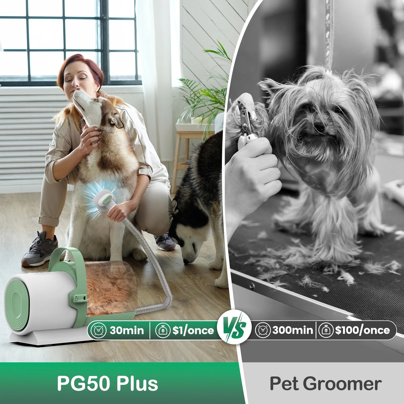 Pet Grooming Kit with Vacuum – 7-in-1 Low-Noise Pet Grooming Tools & Clippers for Dogs and Cats, PG50 Plus