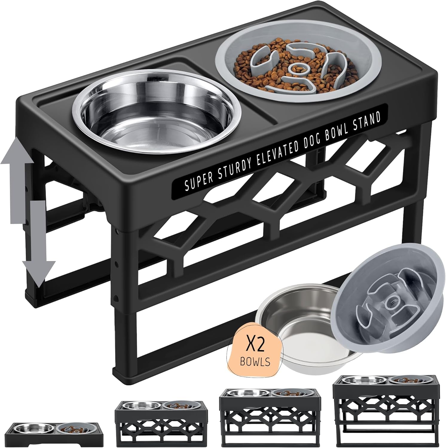 Elevated Dog Bowls – 4-Height Adjustable Raised Stand with 2 Stainless Steel Food & Water Bowls, Anti-Slip Feeding Station for Medium & Large Dogs