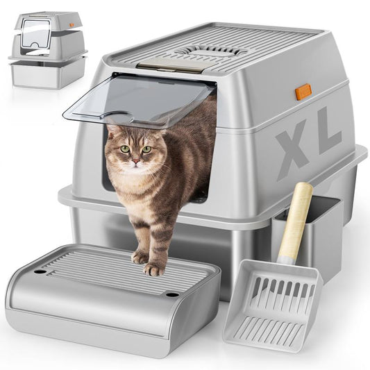 🧼 Extra-Large Stainless Steel Cat Litter Box with High Sides & Scoop – Leak-Proof, Non-Stick, Easy to Clean Removable Metal Enclosure for Odor-Free Hygiene
