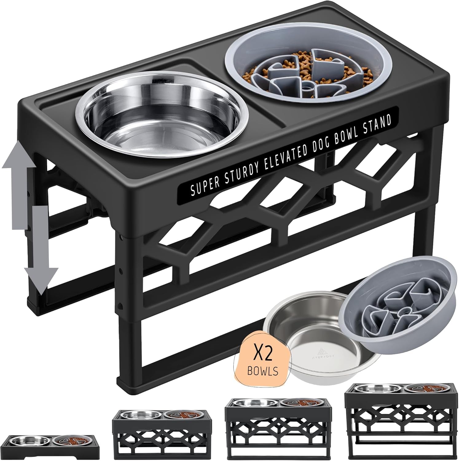 Elevated Dog Bowls – 4-Height Adjustable Raised Stand with 2 Stainless Steel Food & Water Bowls, Anti-Slip Feeding Station for Medium & Large Dogs