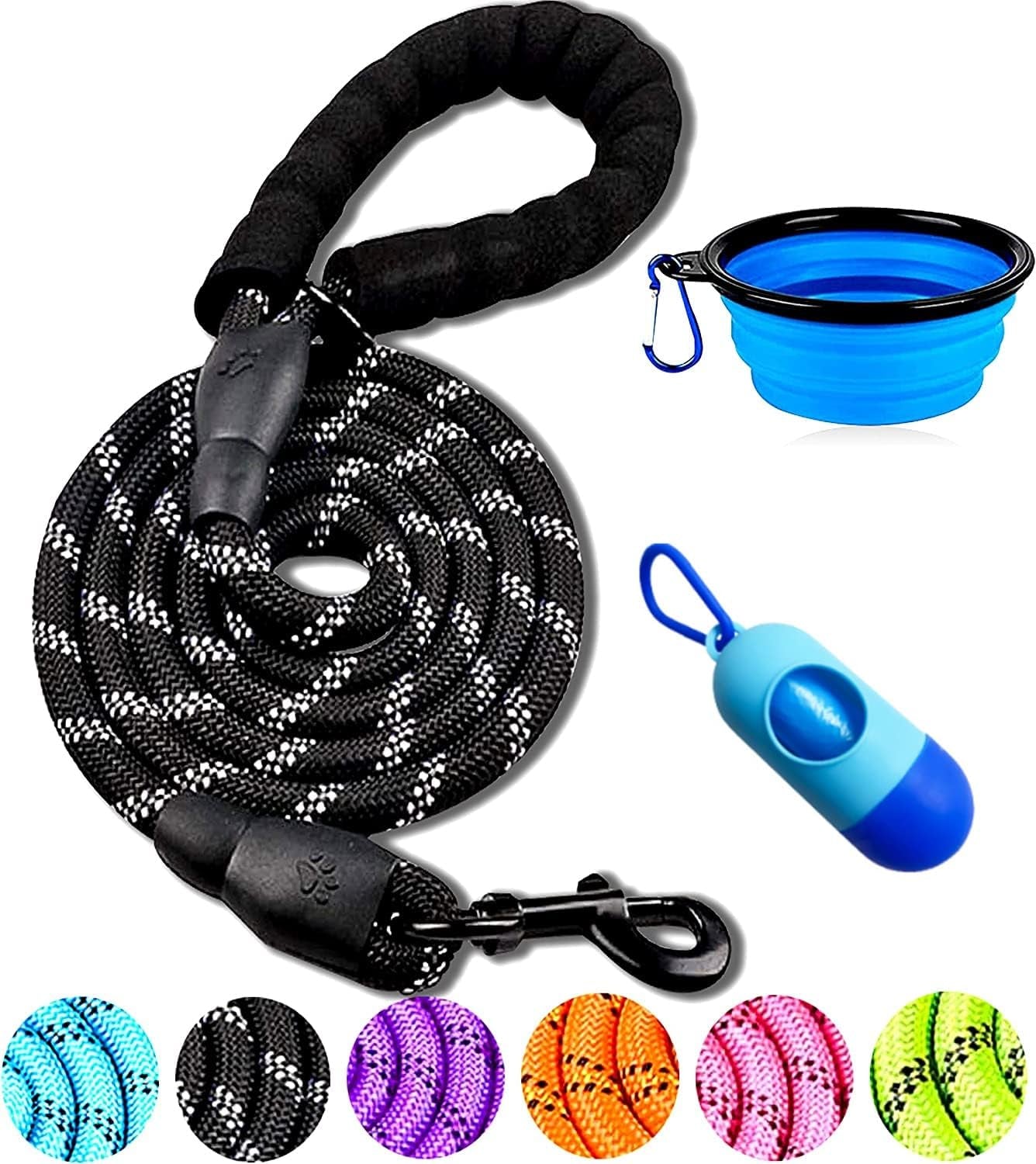 10FT Heavy-Duty Nylon Dog Rope Leash – Reflective Training Leash with Padded Handle, Collapsible Bowl & Waste Bag Holder for Medium & Large Dogs