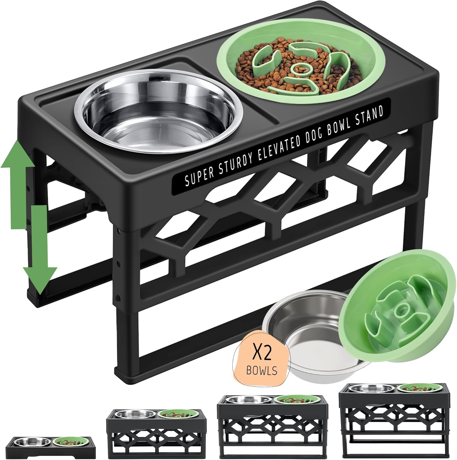 Elevated Dog Bowls – 4-Height Adjustable Raised Stand with 2 Stainless Steel Food & Water Bowls, Anti-Slip Feeding Station for Medium & Large Dogs