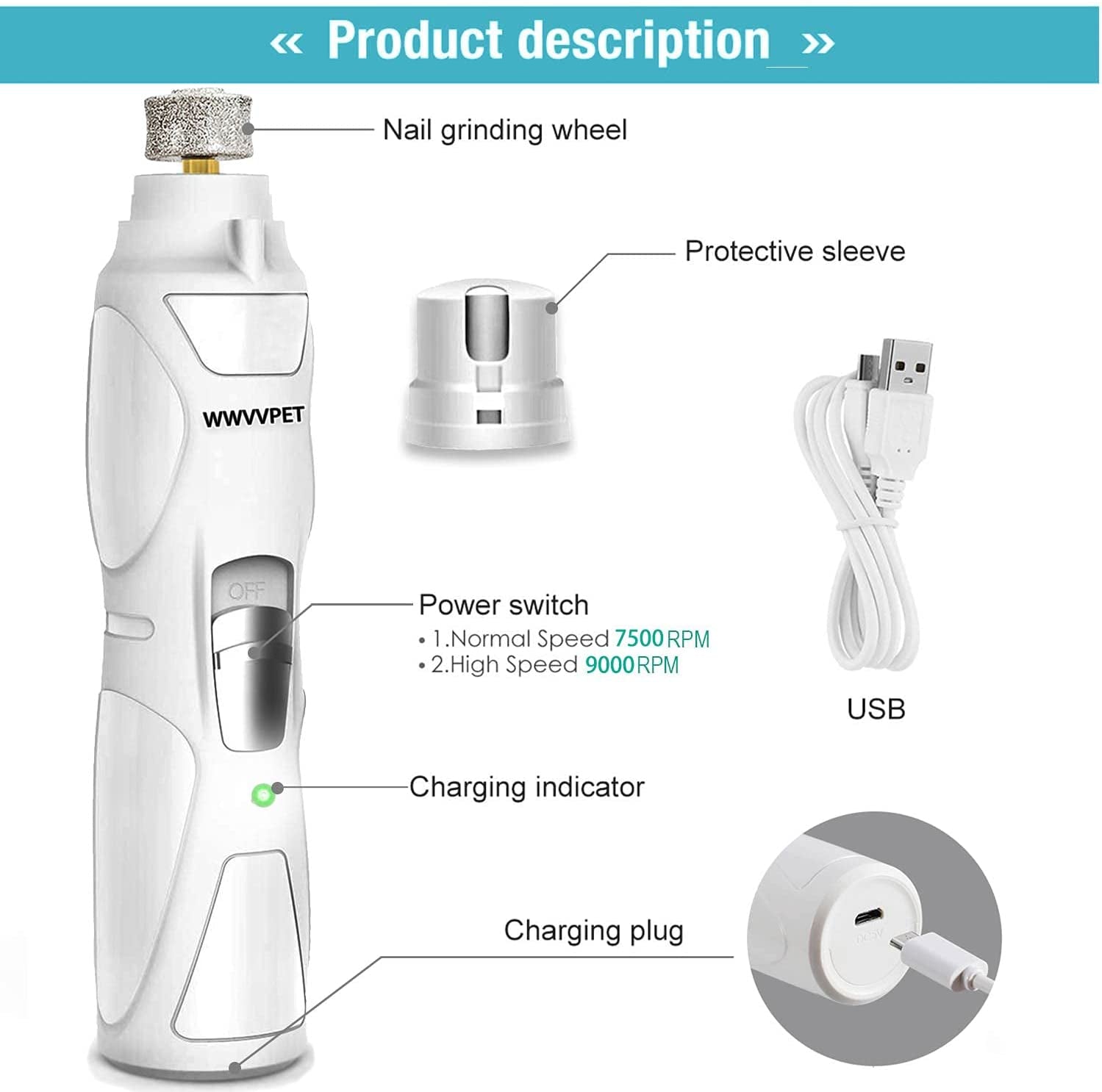 Pet Nail Grinder with LED Light – Quiet 2-Speed Dog & Cat Nail Trimmer with 2 Grinding Heads, Low Noise Painless Paw Care for Small, Medium & Large Pets
