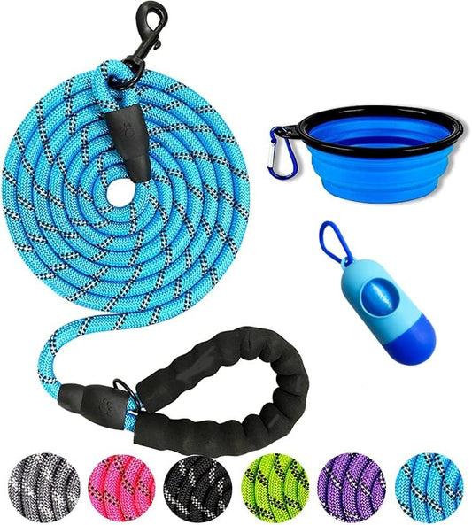 10FT Heavy-Duty Nylon Dog Rope Leash – Reflective Training Leash with Padded Handle, Collapsible Bowl & Waste Bag Holder for Medium & Large Dogs