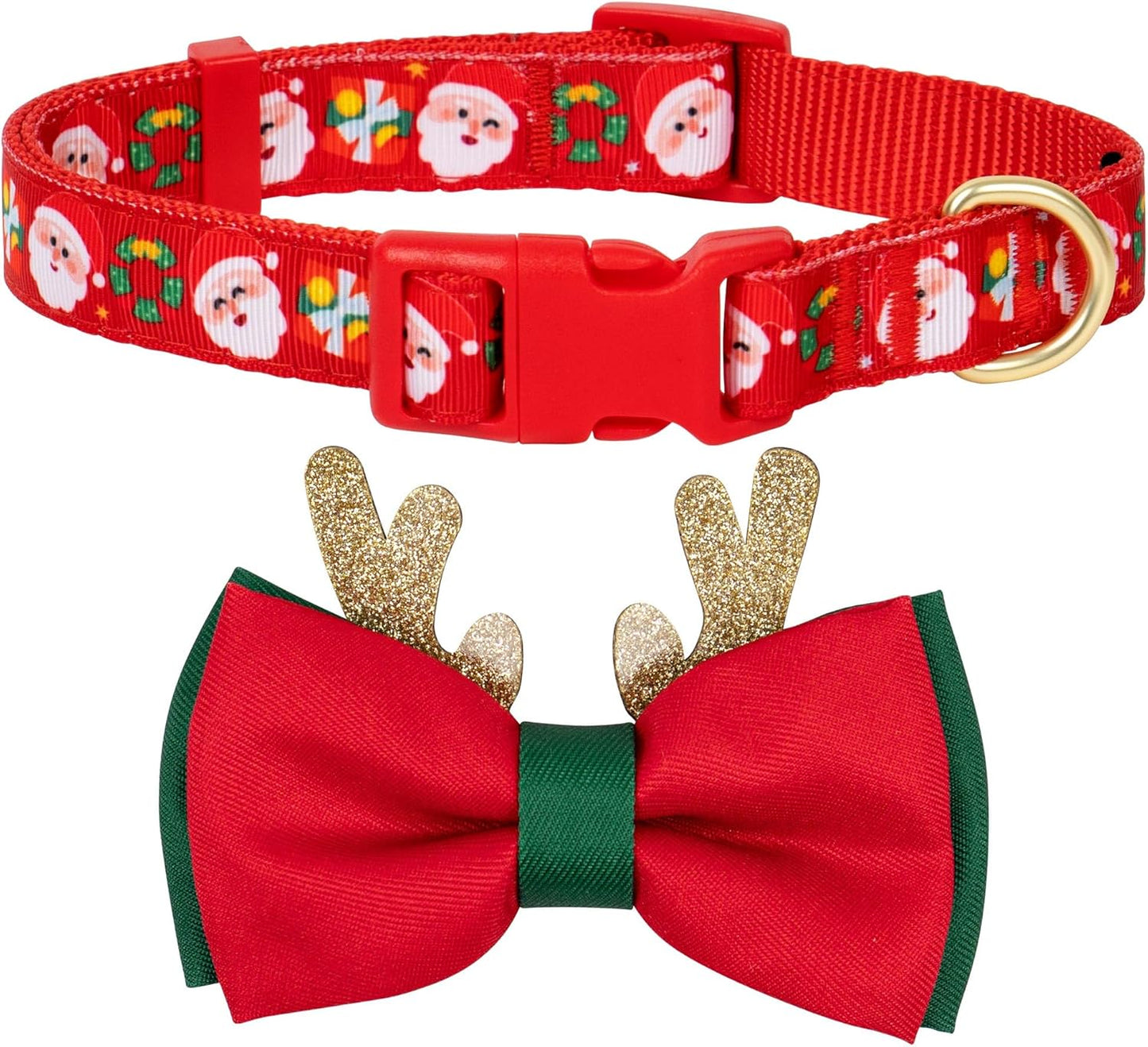 Christmas Dog Collar – Plaid Holiday Collar with Glitter Reindeer Antlers & Bowtie, Soft & Comfy Festive Accessory for Large Dogs