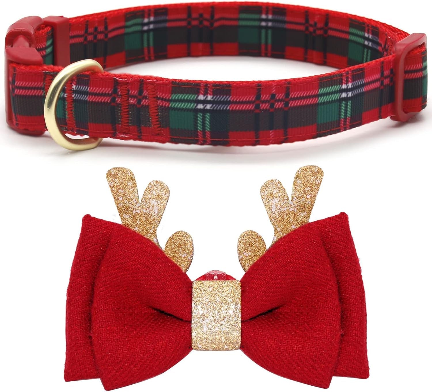 Christmas Dog Collar – Plaid Holiday Collar with Glitter Reindeer Antlers & Bowtie, Soft & Comfy Festive Accessory for Large Dogs