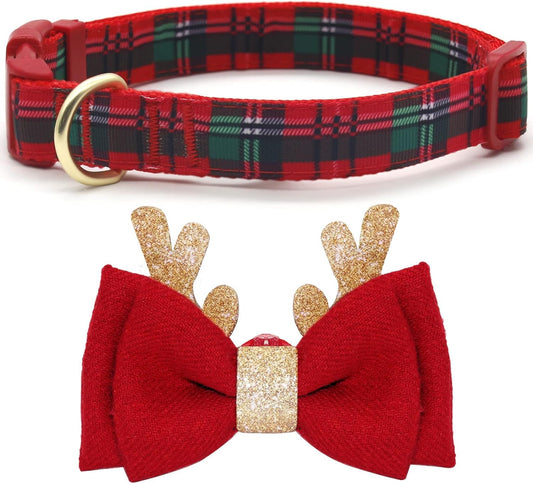 Christmas Dog Collar – Plaid Holiday Collar with Glitter Reindeer Antlers & Bowtie, Soft & Comfy Festive Accessory for Large Dogs