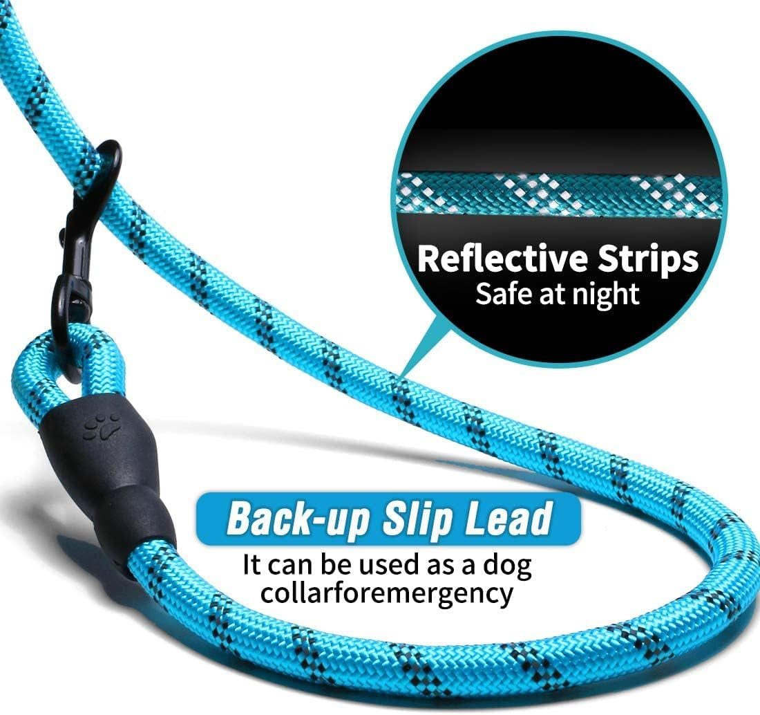 10FT Heavy-Duty Nylon Dog Rope Leash – Reflective Training Leash with Padded Handle, Collapsible Bowl & Waste Bag Holder for Medium & Large Dogs