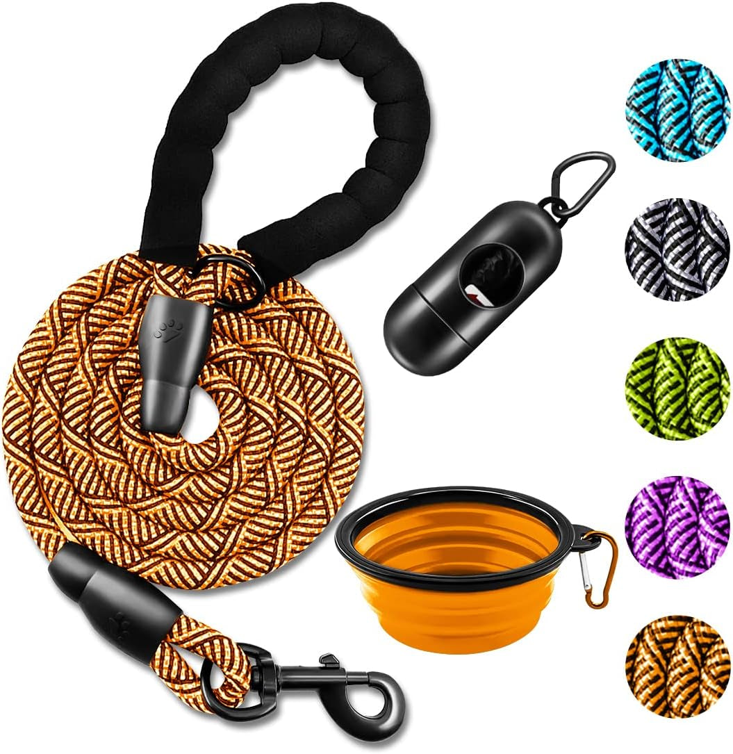 10FT Heavy-Duty Nylon Dog Rope Leash – Reflective Training Leash with Padded Handle, Collapsible Bowl & Waste Bag Holder for Medium & Large Dogs