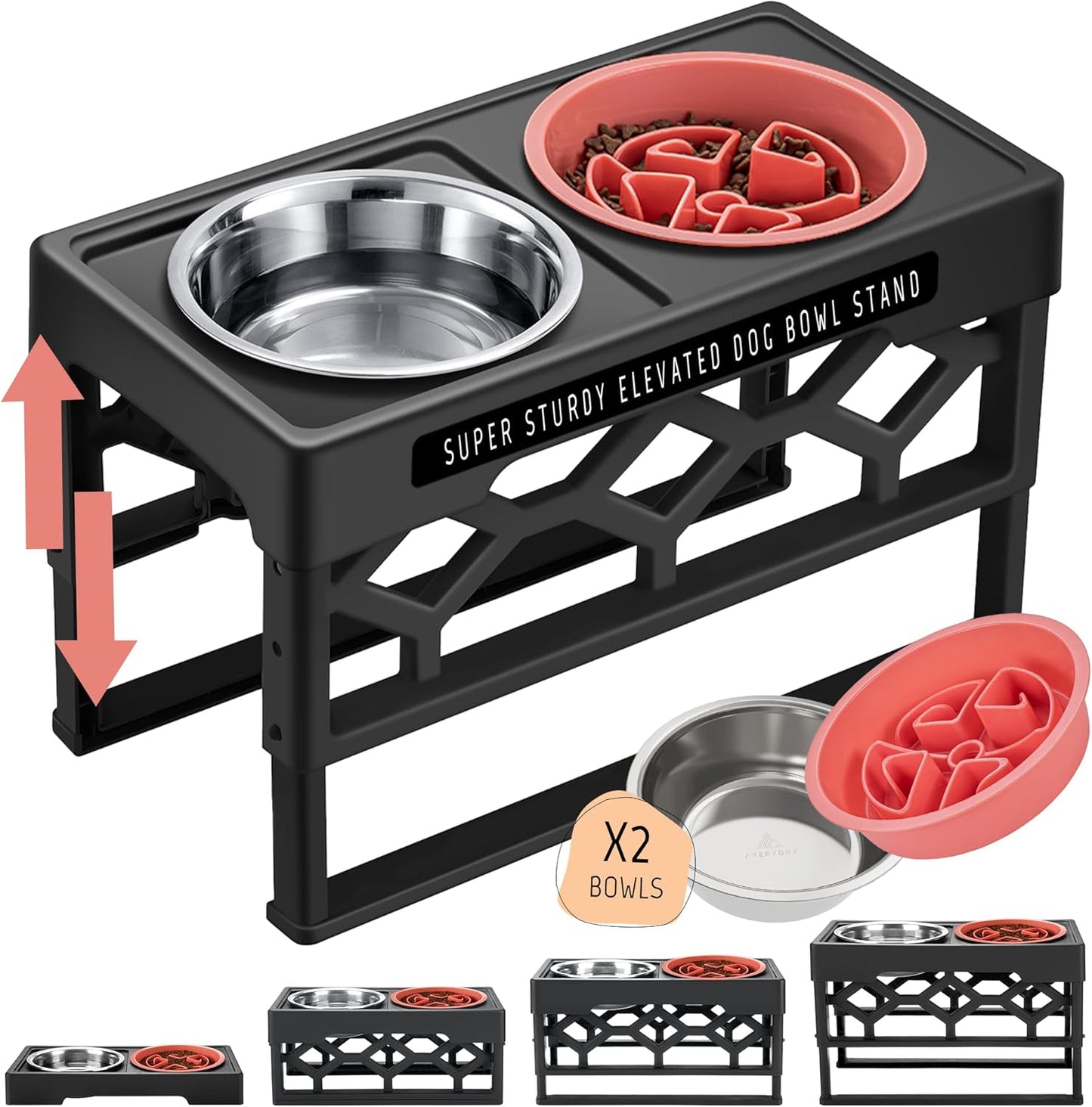 Elevated Dog Bowls – 4-Height Adjustable Raised Stand with 2 Stainless Steel Food & Water Bowls, Anti-Slip Feeding Station for Medium & Large Dogs