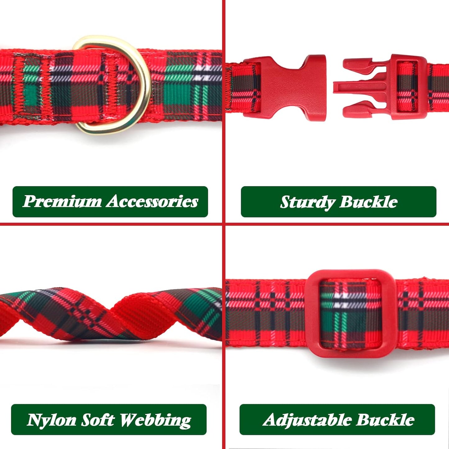 Christmas Dog Collar – Plaid Holiday Collar with Glitter Reindeer Antlers & Bowtie, Soft & Comfy Festive Accessory for Large Dogs