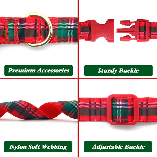 Christmas Dog Collar – Plaid Holiday Collar with Glitter Reindeer Antlers & Bowtie, Soft & Comfy Festive Accessory for Large Dogs