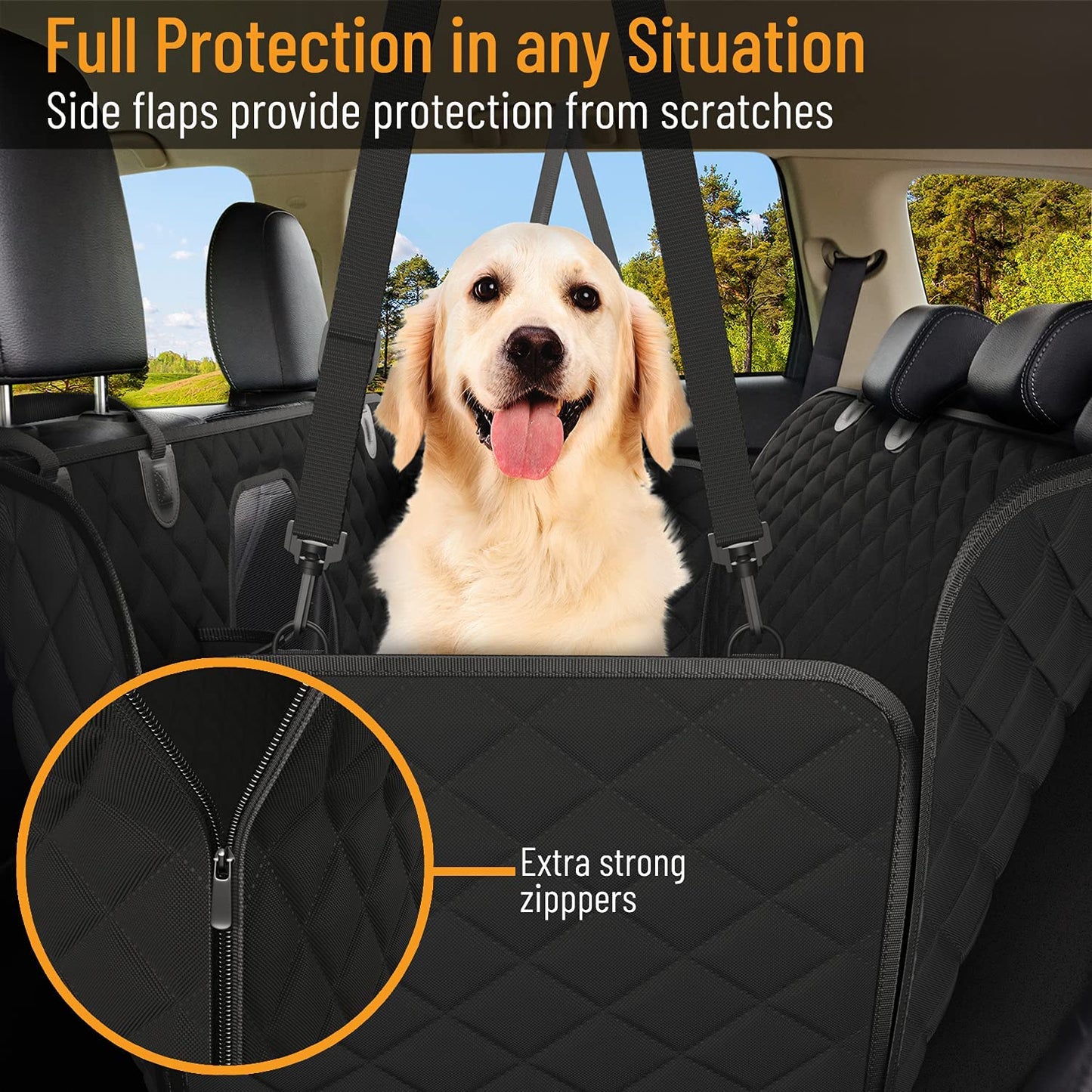 Dog Car Seat Cover for Back Seat – Waterproof Hammock-Style Protector for Cars, SUVs & Trucks with Safety Features (Black)