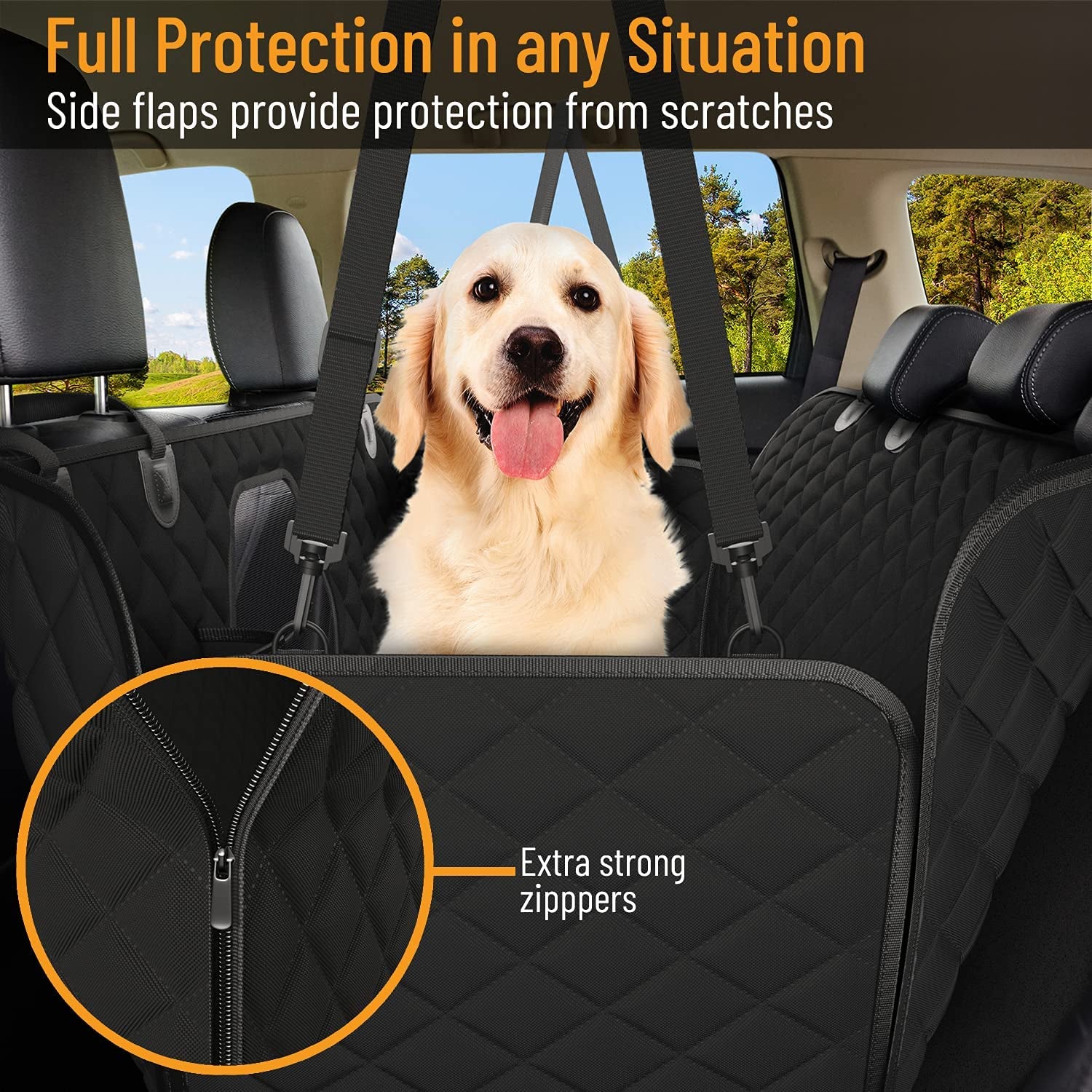Dog Car Seat Cover for Back Seat – Waterproof Hammock-Style Protector for Cars, SUVs & Trucks with Safety Features (Black)