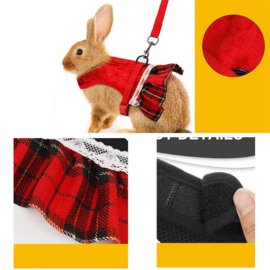 Christmas Rabbit Harness with Leash & Skirt – Cute Pet Vest for Rabbits