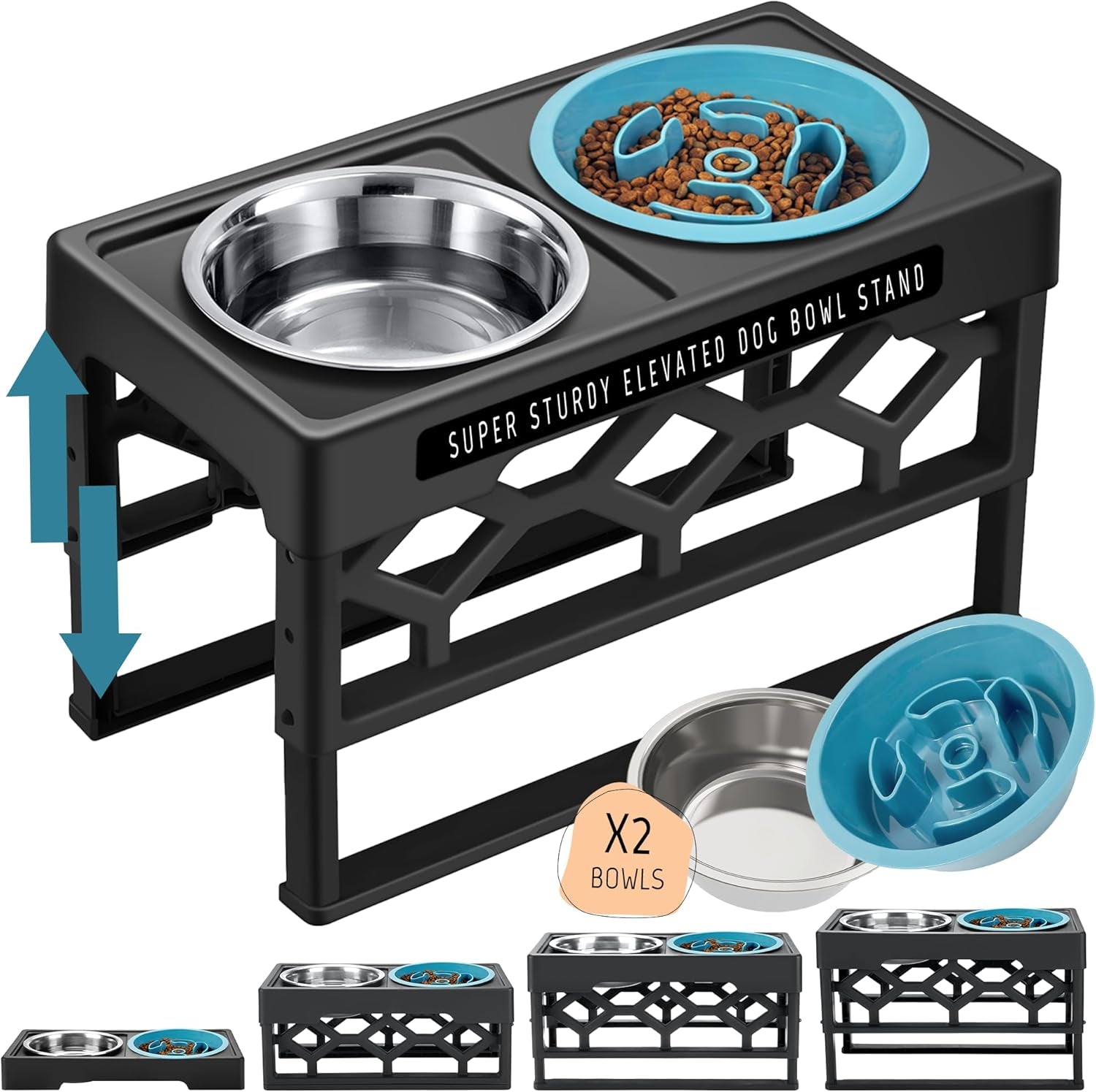 Elevated Dog Bowls – 4-Height Adjustable Raised Stand with 2 Stainless Steel Food & Water Bowls, Anti-Slip Feeding Station for Medium & Large Dogs