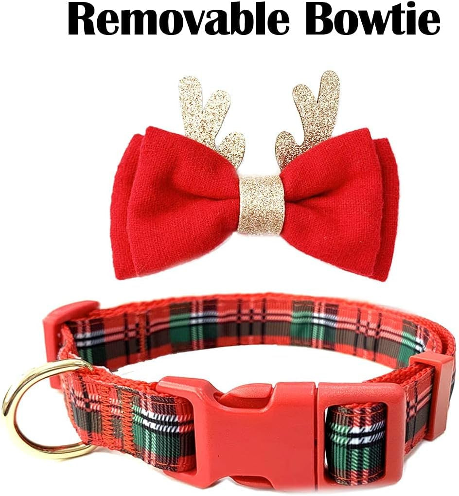 Christmas Dog Collar – Plaid Holiday Collar with Glitter Reindeer Antlers & Bowtie, Soft & Comfy Festive Accessory for Large Dogs