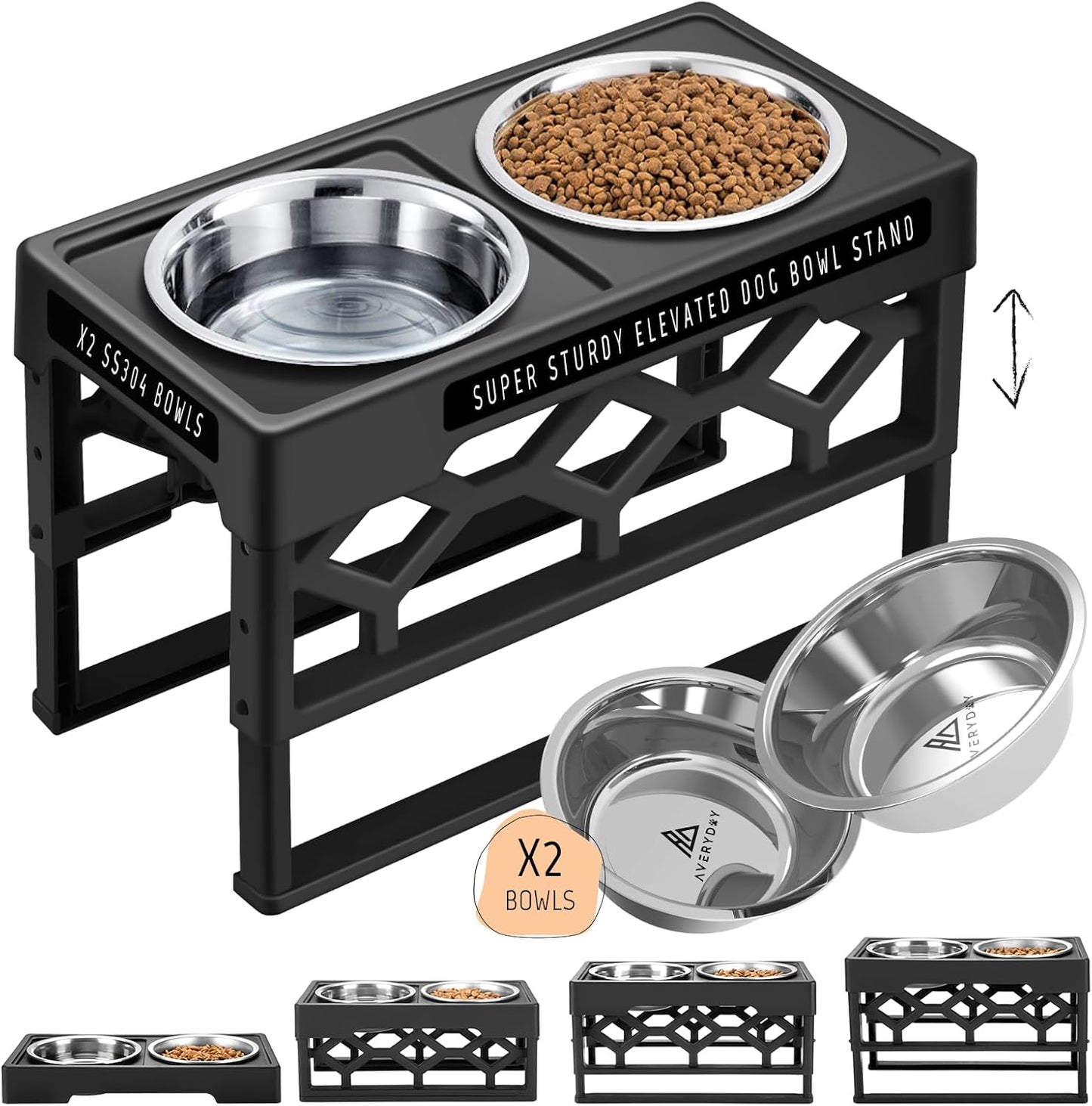 Elevated Dog Bowls – 4-Height Adjustable Raised Stand with 2 Stainless Steel Food & Water Bowls, Anti-Slip Feeding Station for Medium & Large Dogs