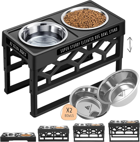 Elevated Dog Bowls – 4-Height Adjustable Raised Stand with 2 Stainless Steel Food & Water Bowls, Anti-Slip Feeding Station for Medium & Large Dogs