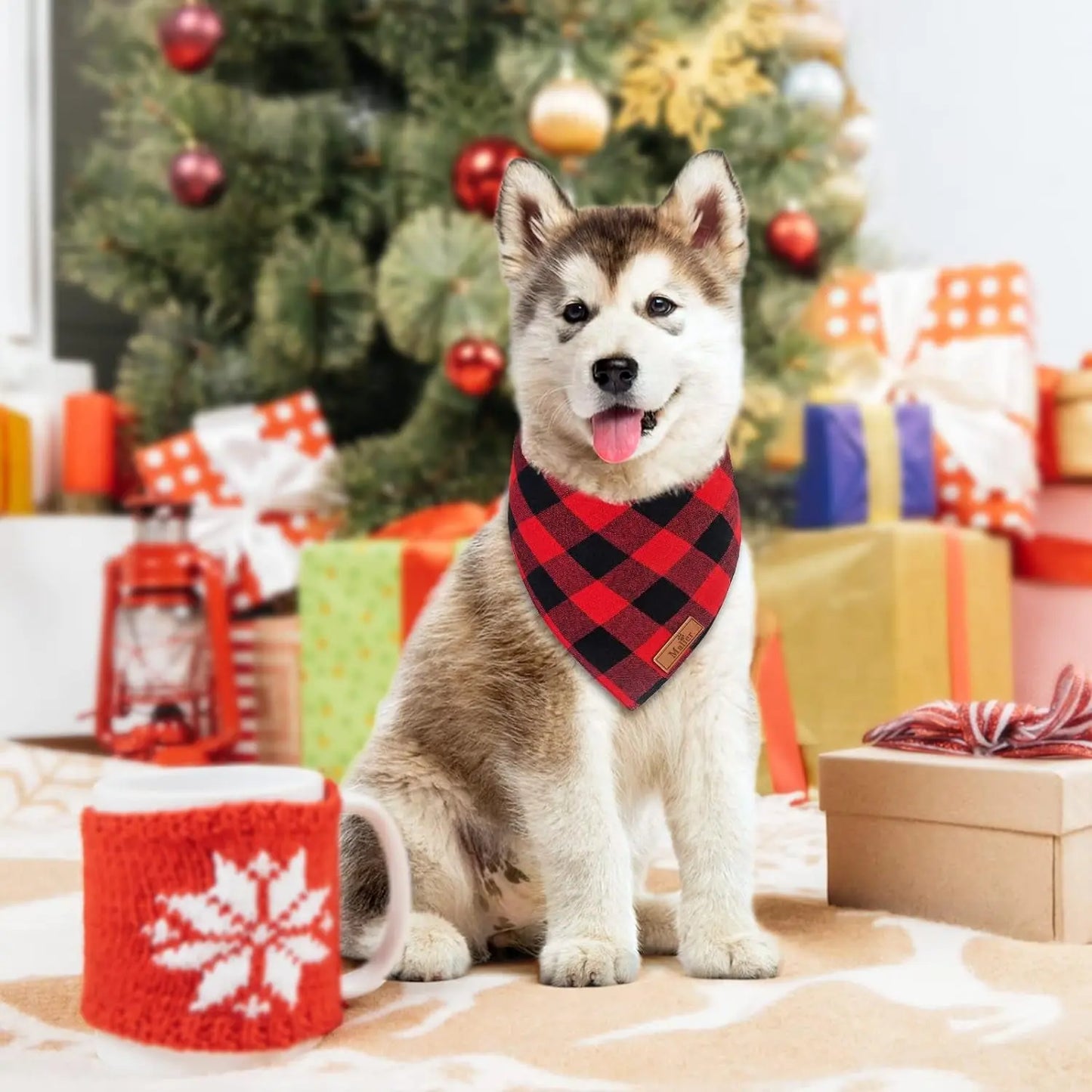 2-Pack Christmas Dog Bandanas – Red & Buffalo Plaid Triangle Scarves for Small to Large Pets