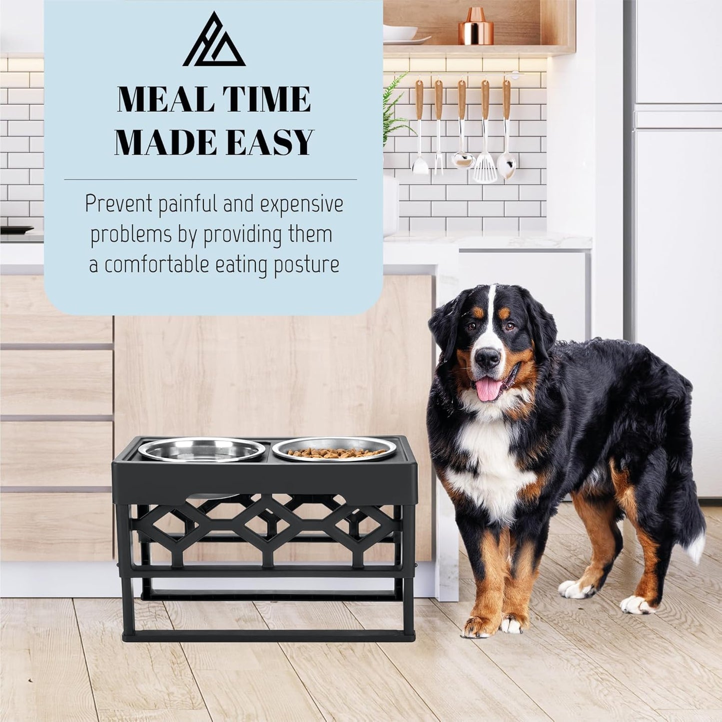 Elevated Dog Bowls – 4-Height Adjustable Raised Stand with 2 Stainless Steel Food & Water Bowls, Anti-Slip Feeding Station for Medium & Large Dogs