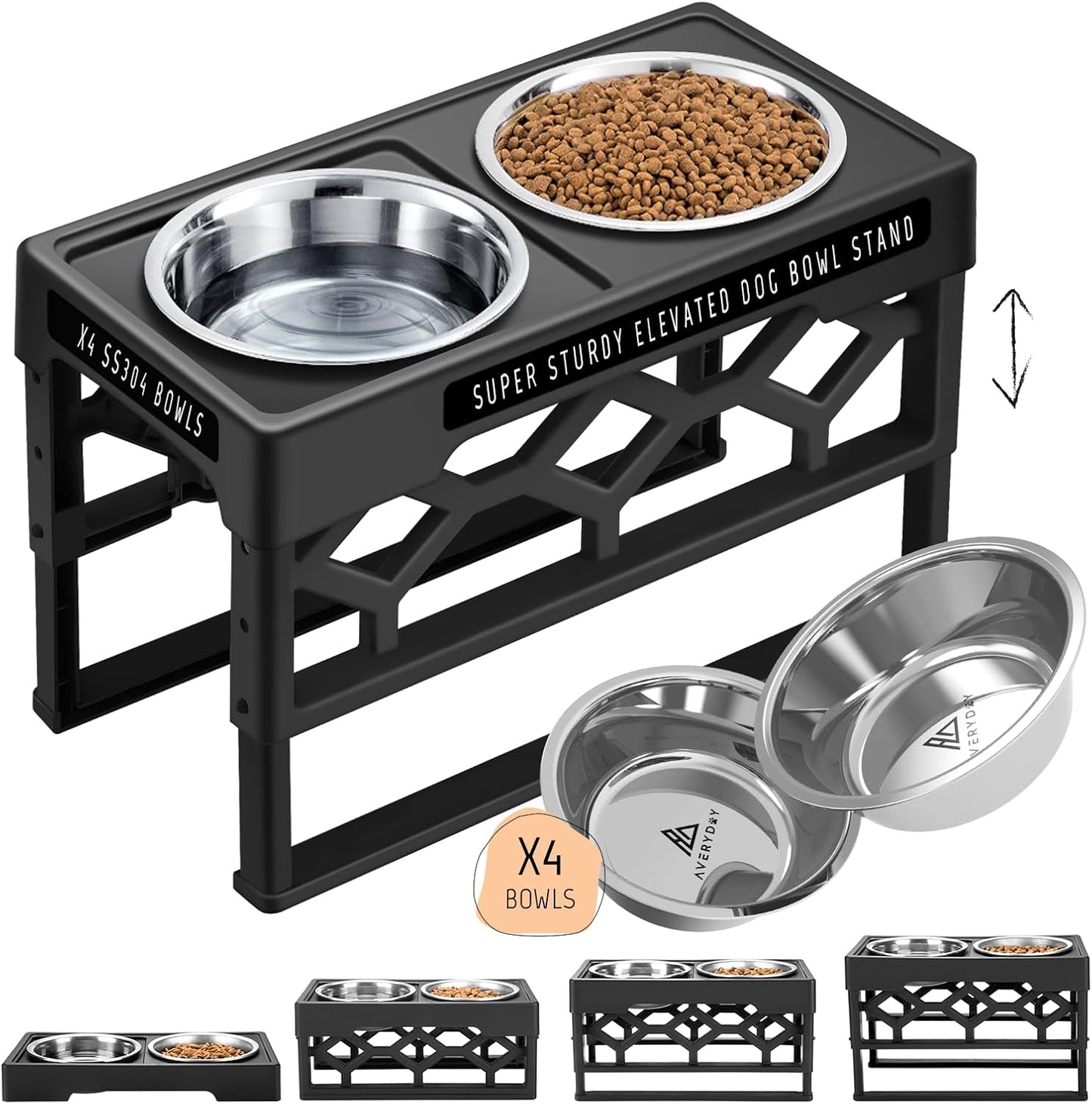 Elevated Dog Bowls – 4-Height Adjustable Raised Stand with 2 Stainless Steel Food & Water Bowls, Anti-Slip Feeding Station for Medium & Large Dogs