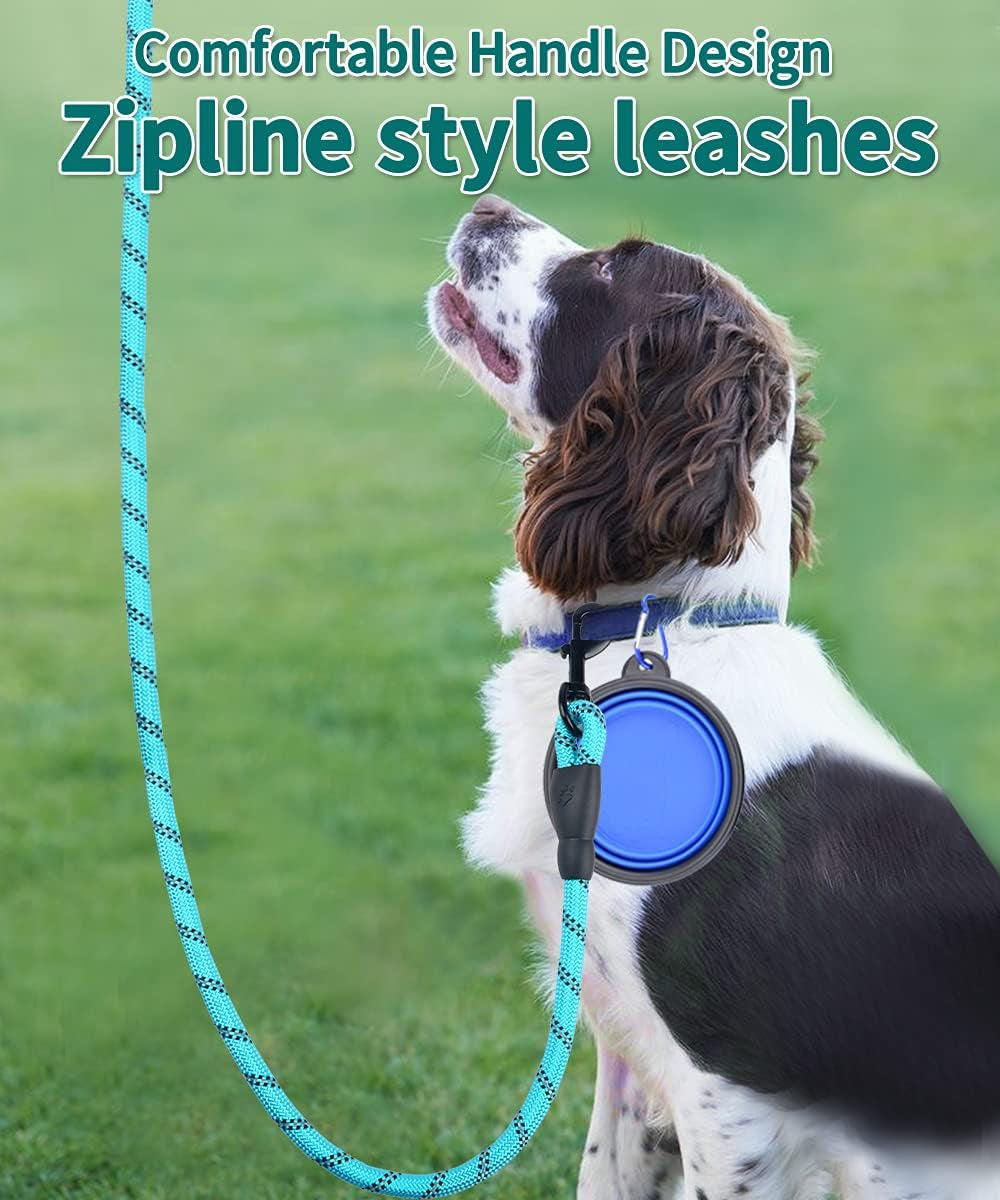 10FT Heavy-Duty Nylon Dog Rope Leash – Reflective Training Leash with Padded Handle, Collapsible Bowl & Waste Bag Holder for Medium & Large Dogs