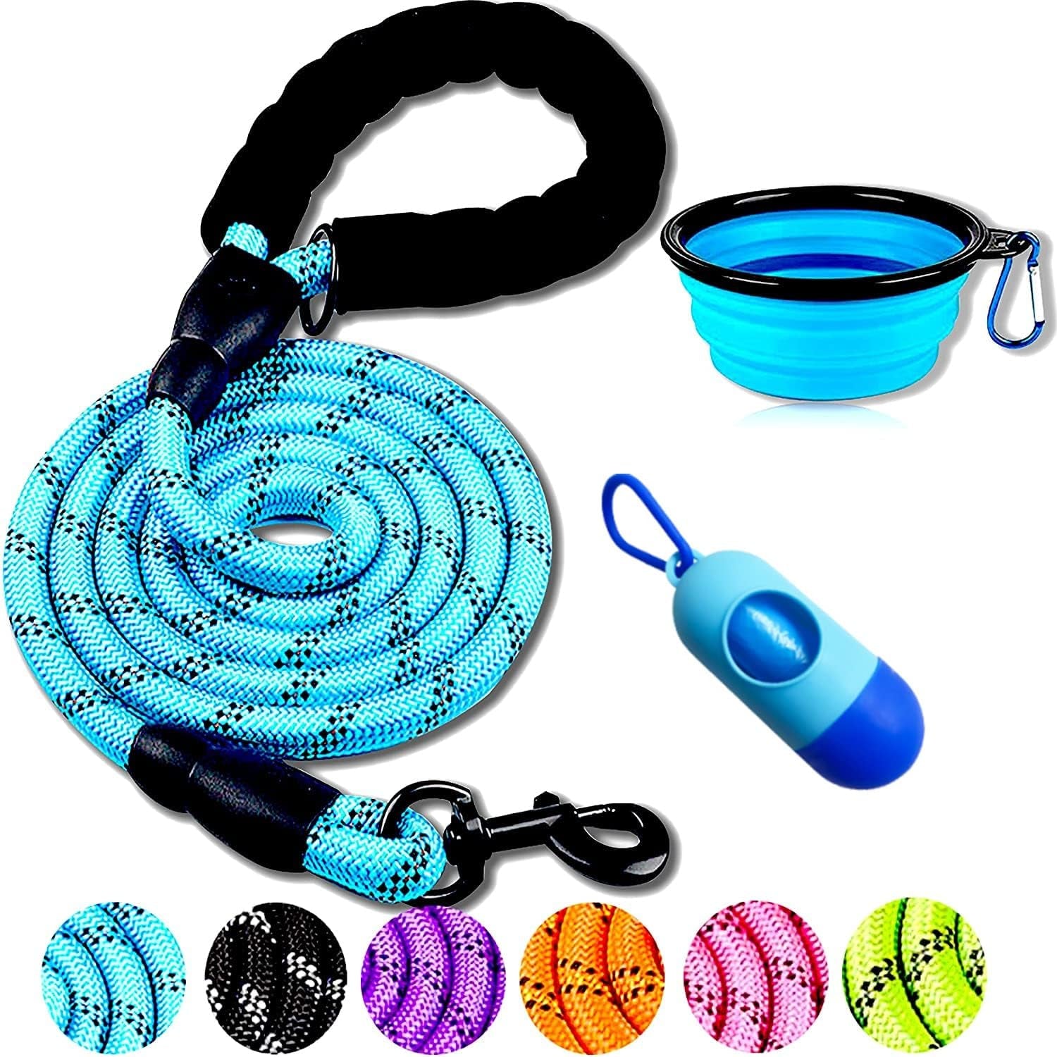 10FT Heavy-Duty Nylon Dog Rope Leash – Reflective Training Leash with Padded Handle, Collapsible Bowl & Waste Bag Holder for Medium & Large Dogs
