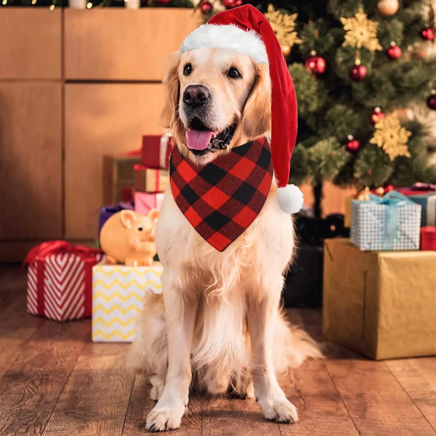 2-Pack Christmas Dog Bandanas – Red & Buffalo Plaid Triangle Scarves for Small to Large Pets