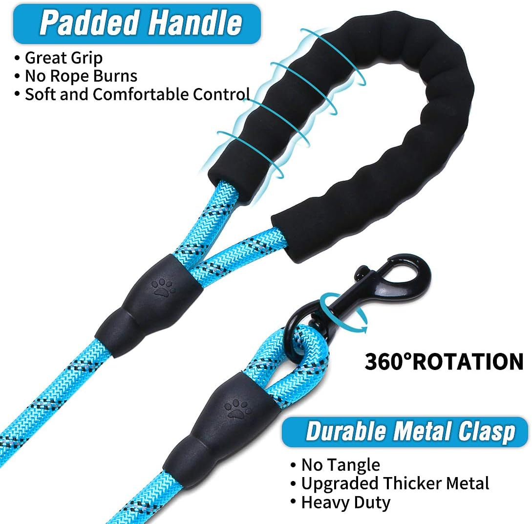 10FT Heavy-Duty Nylon Dog Rope Leash – Reflective Training Leash with Padded Handle, Collapsible Bowl & Waste Bag Holder for Medium & Large Dogs