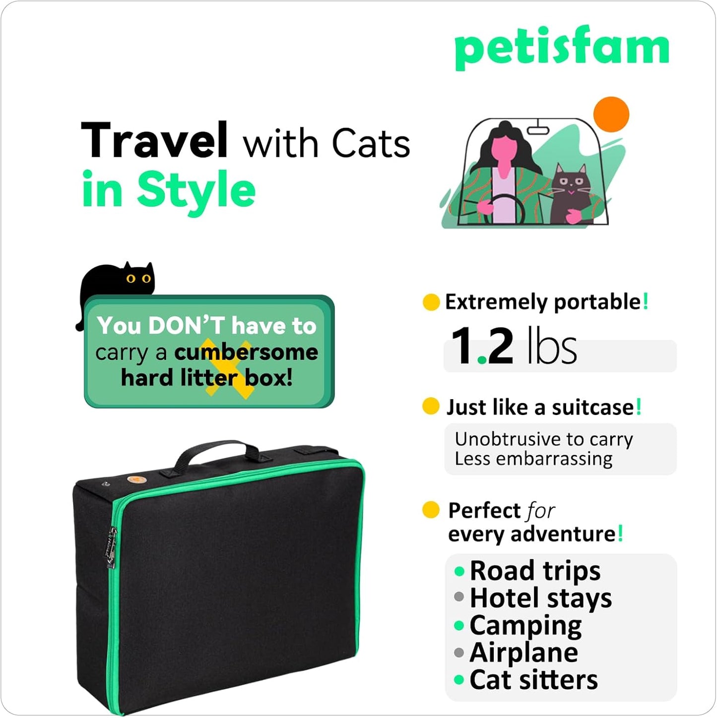 Portable Cat Travel Litter Box with Lid – Foldable, Odor-Containing Litter Box for Car Trips, Hotel Stays & Air Travel with Cats