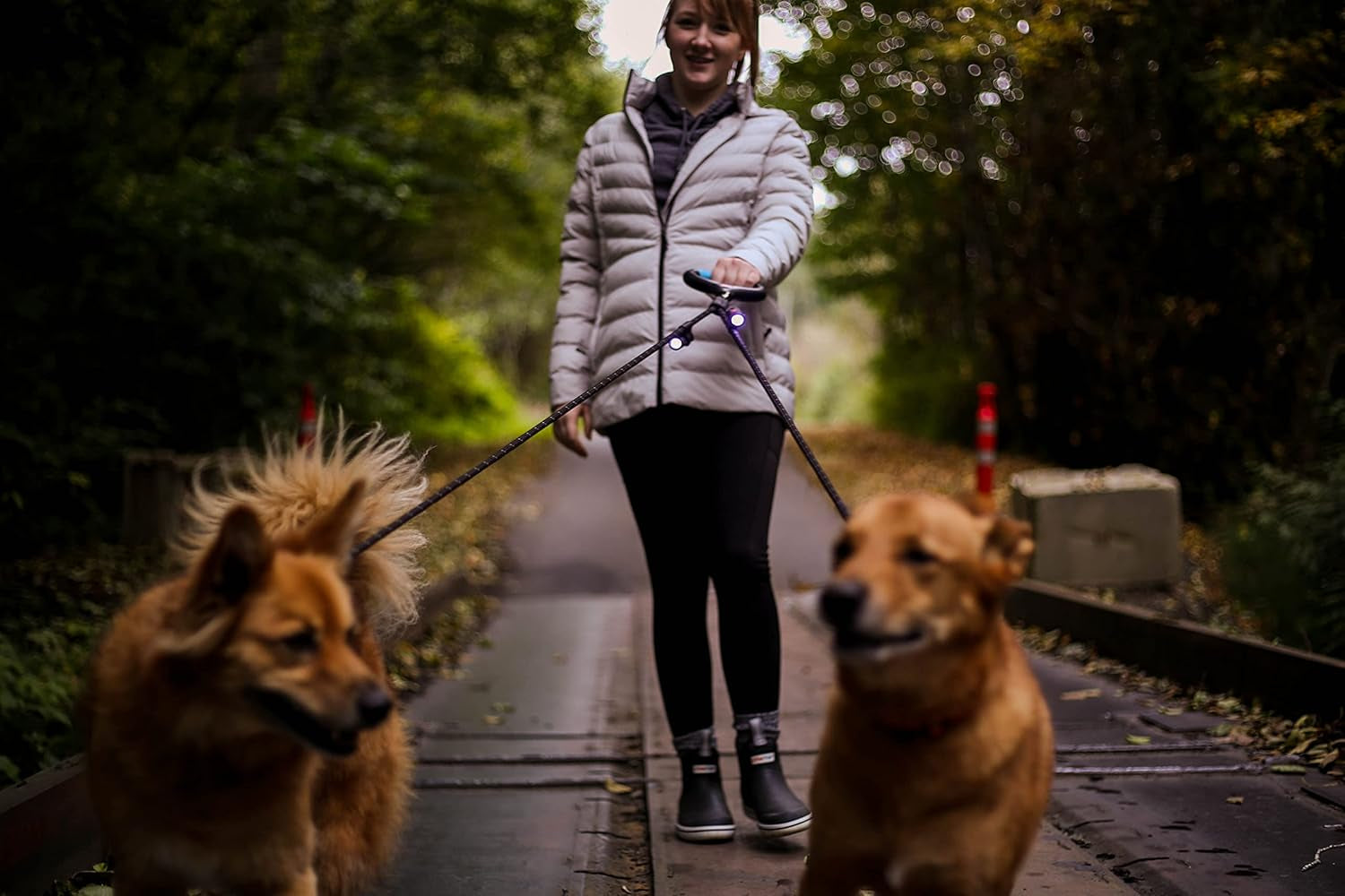Dual Dog Leash with 360° Swivel – Automatic Tangle-Free Leash with Gel Handle, Reflective Rope & Optional LED Lights (Up to 25 ft, Medium/Large Dogs, Black, Includes 2 Rechargeable Lights)