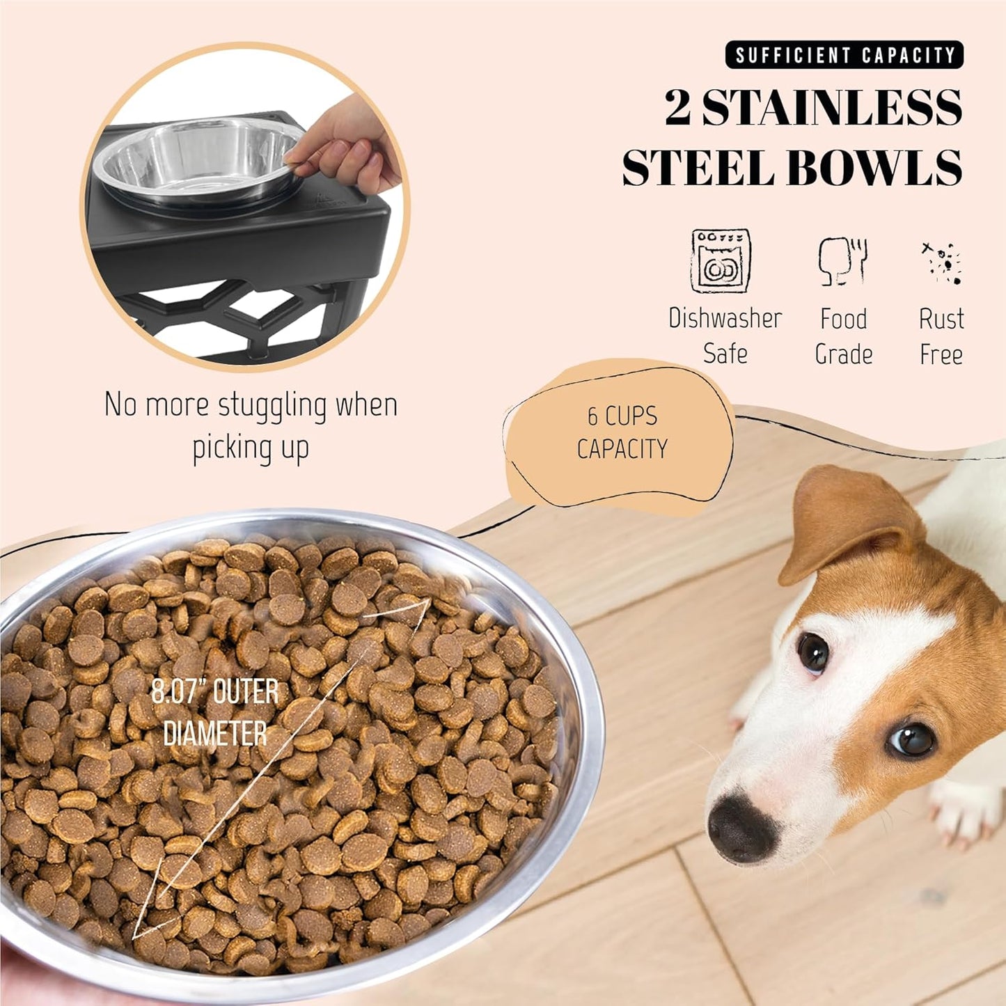 Elevated Dog Bowls – 4-Height Adjustable Raised Stand with 2 Stainless Steel Food & Water Bowls, Anti-Slip Feeding Station for Medium & Large Dogs