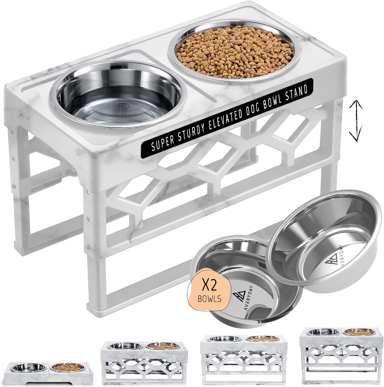 Elevated Dog Bowls – 4-Height Adjustable Raised Stand with 2 Stainless Steel Food & Water Bowls, Anti-Slip Feeding Station for Medium & Large Dogs