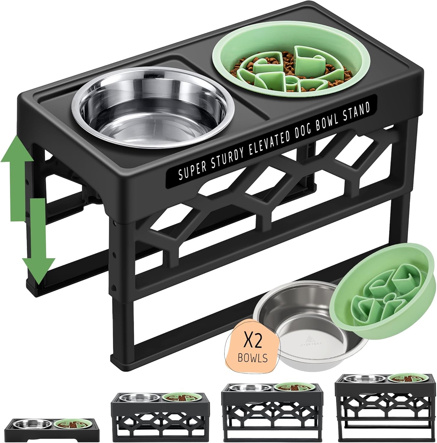 Elevated Dog Bowls – 4-Height Adjustable Raised Stand with 2 Stainless Steel Food & Water Bowls, Anti-Slip Feeding Station for Medium & Large Dogs