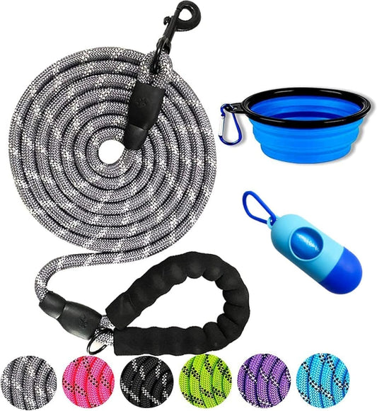 10FT Heavy-Duty Nylon Dog Rope Leash – Reflective Training Leash with Padded Handle, Collapsible Bowl & Waste Bag Holder for Medium & Large Dogs