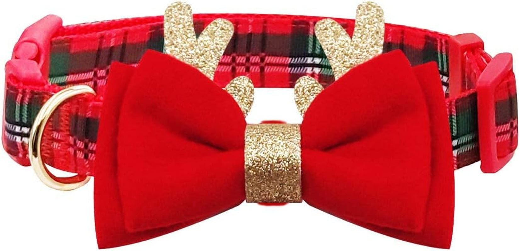 Christmas Dog Collar – Plaid Holiday Collar with Glitter Reindeer Antlers & Bowtie, Soft & Comfy Festive Accessory for Large Dogs