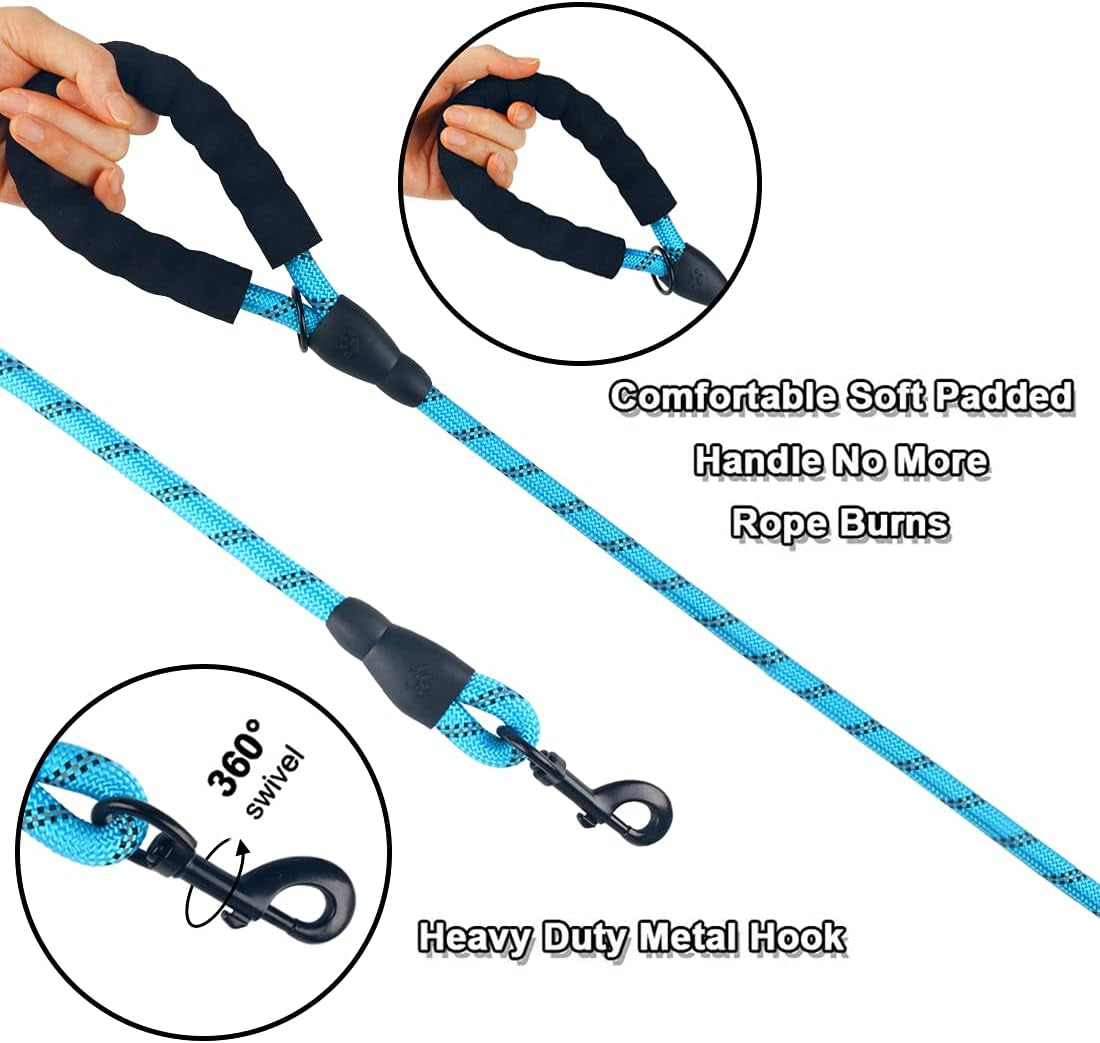 10FT Heavy-Duty Nylon Dog Rope Leash – Reflective Training Leash with Padded Handle, Collapsible Bowl & Waste Bag Holder for Medium & Large Dogs