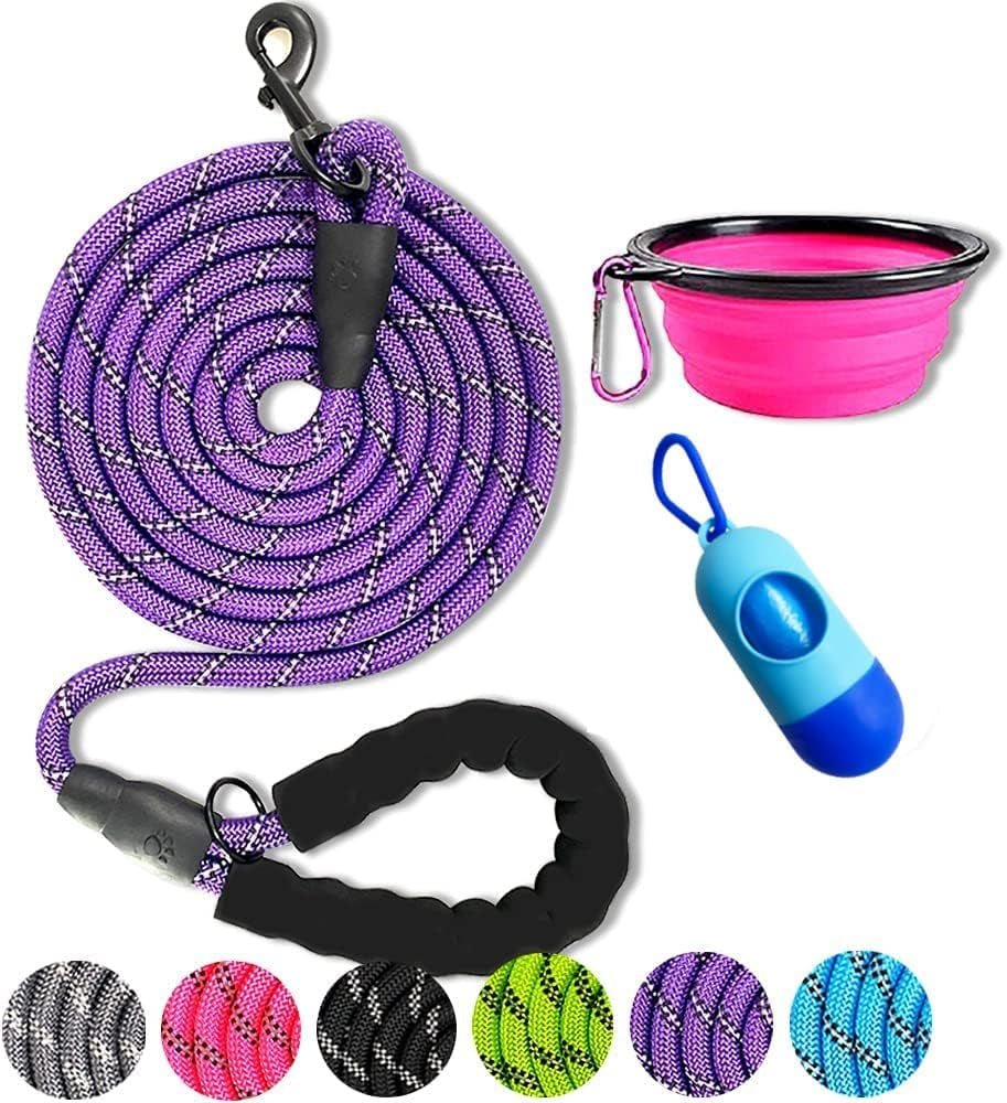 10FT Heavy-Duty Nylon Dog Rope Leash – Reflective Training Leash with Padded Handle, Collapsible Bowl & Waste Bag Holder for Medium & Large Dogs