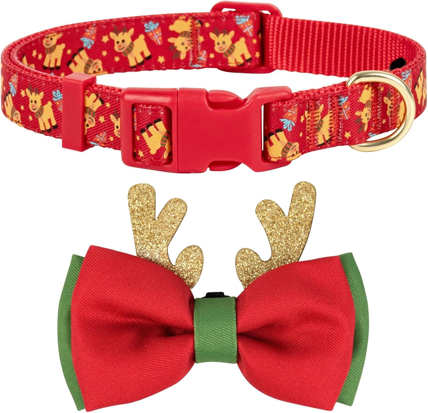 Christmas Dog Collar – Plaid Holiday Collar with Glitter Reindeer Antlers & Bowtie, Soft & Comfy Festive Accessory for Large Dogs