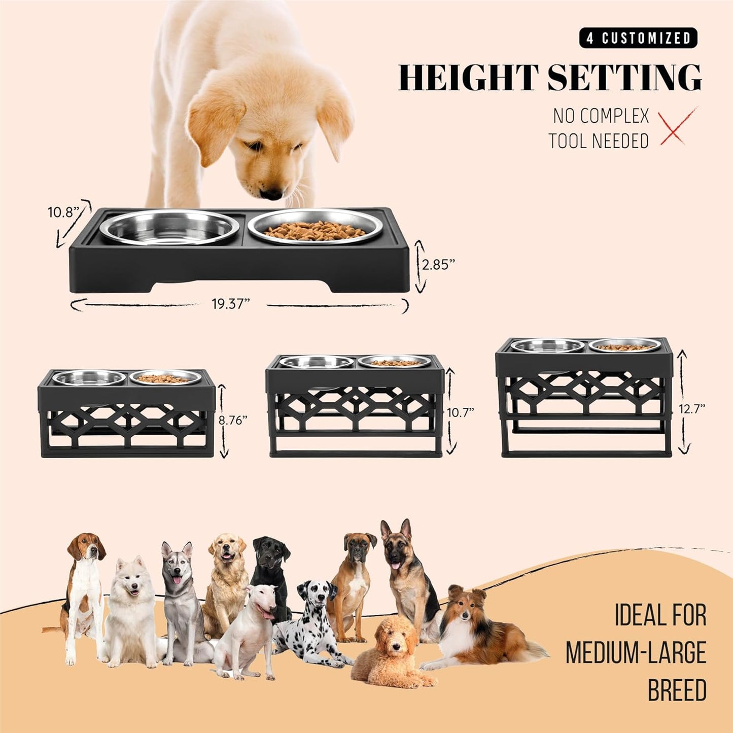Elevated Dog Bowls – 4-Height Adjustable Raised Stand with 2 Stainless Steel Food & Water Bowls, Anti-Slip Feeding Station for Medium & Large Dogs