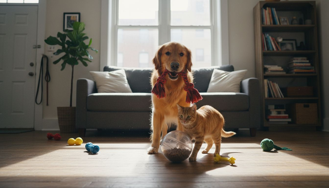 Dog and cat playing with toys in living room