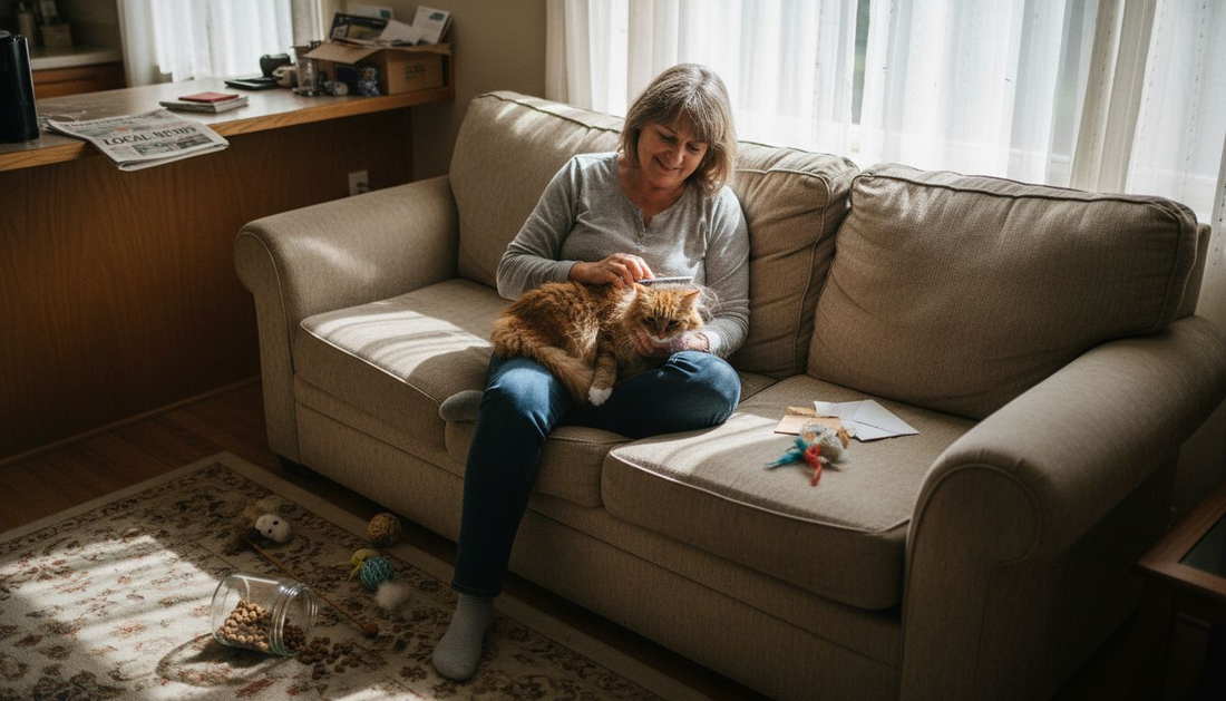 Woman brushing cat on living room couch