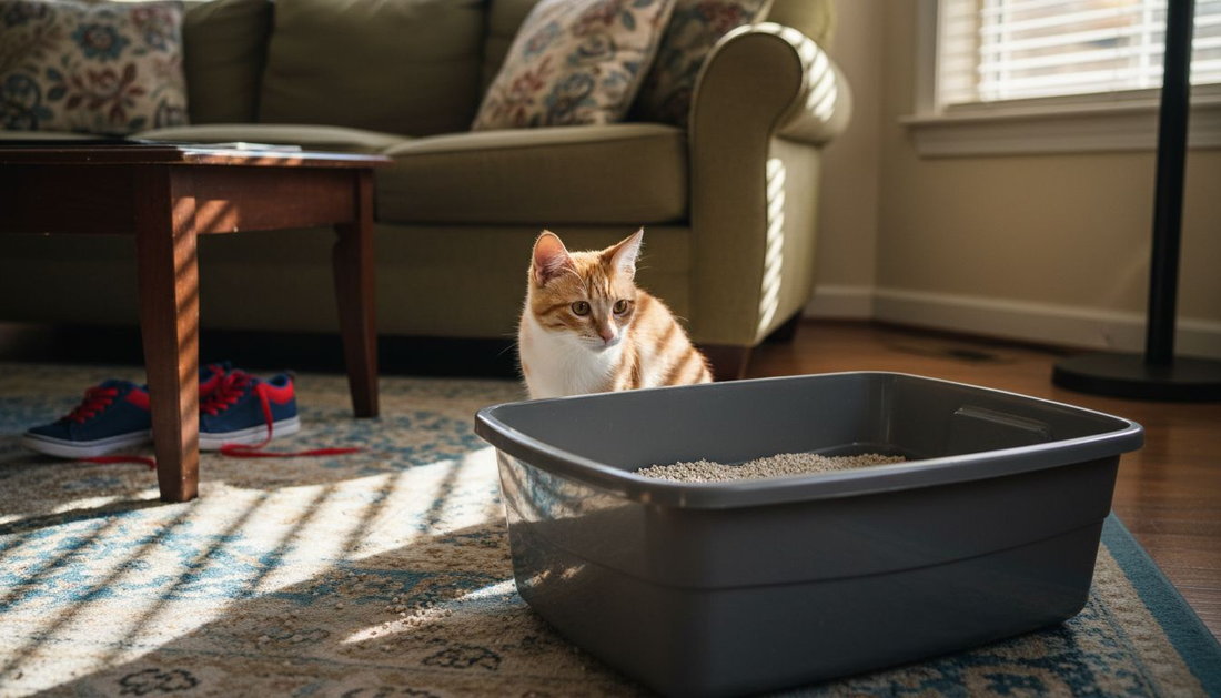 Cat exploring litter box in family living room