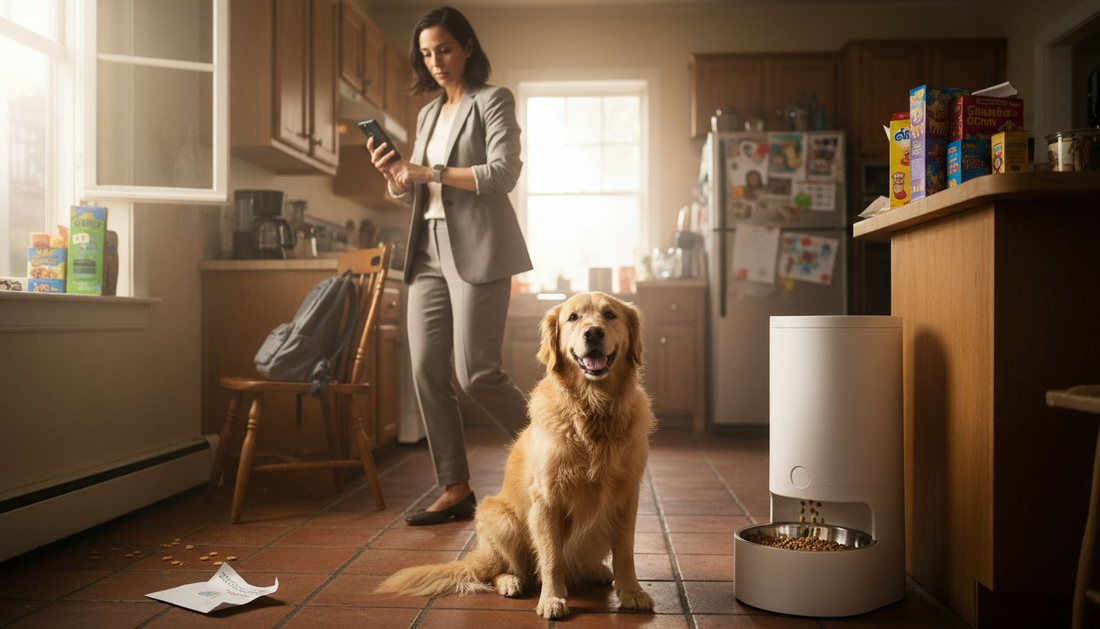 Busy owner as automatic pet feeder serves dog
