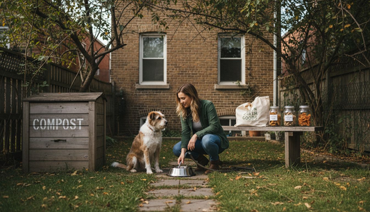 Woman with dog in eco-friendly backyard