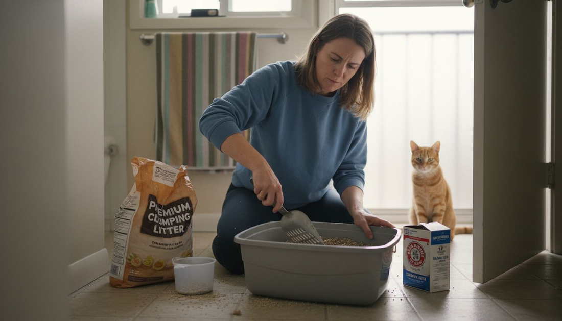 Busy owner cleaning litter box at home